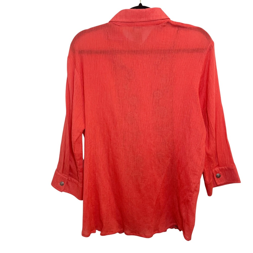 Teddi Embroidered Floral Button Down Gauzy 3/4 Sleeve Coral Top‎ Blouse - Picture 2 of 12